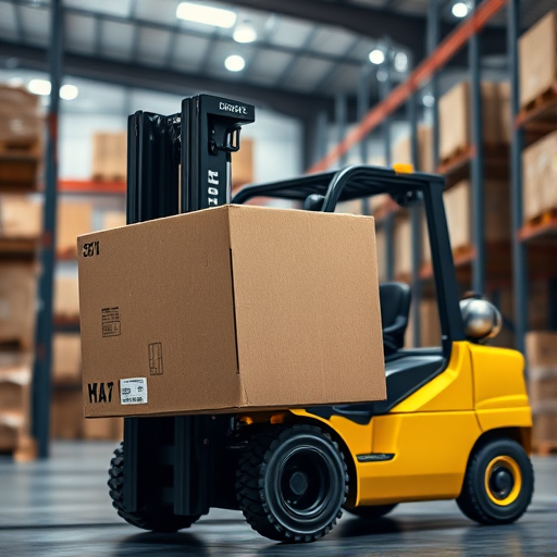 Generate a high-resolution image of a yellow forklift lifting a large cardboard box, using a DSLR camera with a 35mm lens, f/2.8 aperture, 1/200s shutter speed, in a well-lit warehouse setting, with a slight tilt for dynamic perspective.