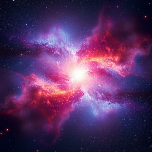 generate a vibrant cosmic nebula with a bright explosion of light at the center, deep purples and blues swirling with golden highlights, captured with a wide-angle lens at f/2.8, ISO 400, 30 seconds exposure time, using a DSLR camera for enhanced clarity and detail in the stars and gaseous clouds.