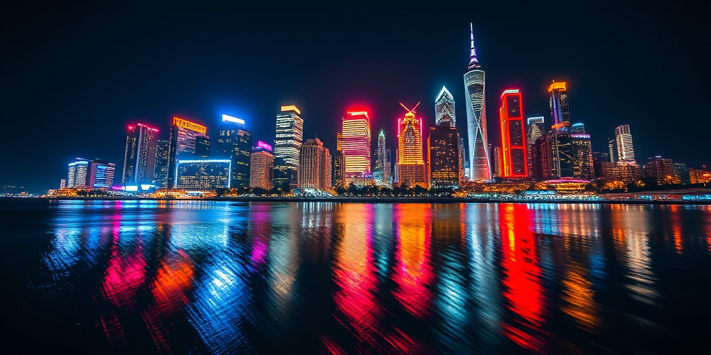 Create a vibrant city skyline at night with reflections on water, use a wide-angle lens, f/8 aperture, 30-second exposure, ISO 100, captured with a DSLR camera, low angle view for dramatic effect, emphasize colorful neon lights and their reflections on the water surface.
