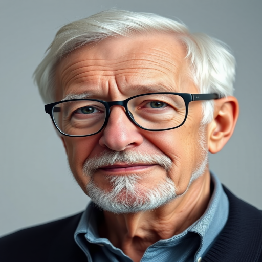 Create a high-resolution portrait of an elderly man with white hair and glasses, using a Canon EOS R5 camera, f/1.8 aperture, 50mm lens, with soft lighting and a plain background for a professional headshot style.