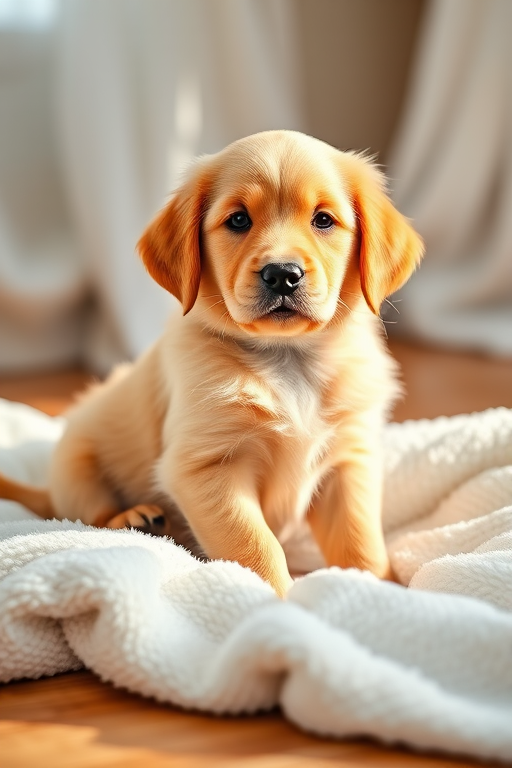 Generate an image of a golden retriever puppy sitting on a cozy white blanket with natural soft lighting, using a DSLR camera with a 50mm lens, aperture set to f/1.8, ISO 200, and a shallow depth of field for a blurred background.