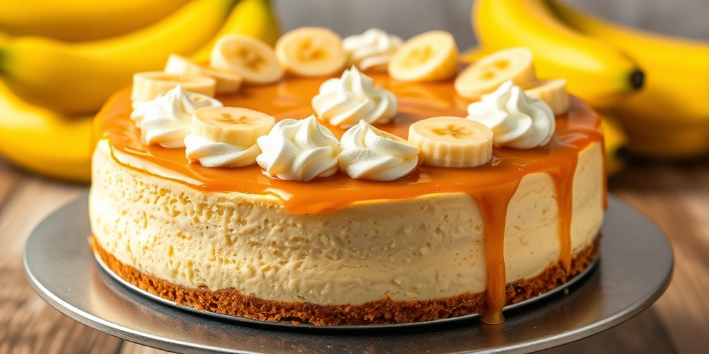Create an image of a delicious banana cheesecake with a golden caramel topping and slices of banana on top. The cheesecake has a smooth texture and is garnished with swirls of whipped cream. The setting includes a metallic cake stand and fresh bananas in the background. Make the scene inviting and appetizing.