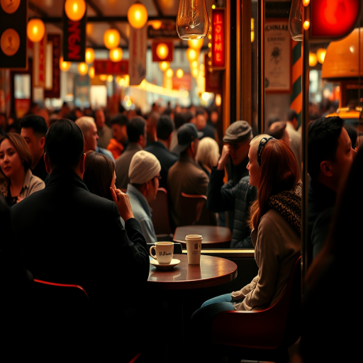Crowded cafe in a bustling city, the sound of chatter and clinking cups filling the air, as a woman sits at a small table by the window, lost in thought.