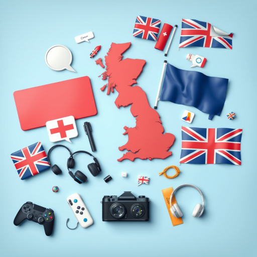 Create a high-resolution vector illustration featuring various symbols related to the UK, such as speech bubbles, flags, suitcases, headphones, and gaming controllers, arranged dynamically, captured with a DSLR camera at f/8 aperture, ISO 100, and a 50mm lens, using a flat lay perspective for a clean and detailed view.