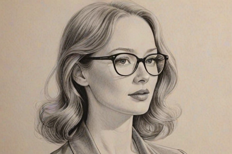 Gorgeous Alicia Witt, pencil sketch, portrait of Graceful woman 1939s in glasses, hair style beatnik, outline, clear lines, fine lines, 8k