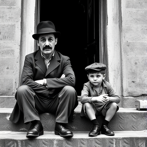 A black-and-white photograph of a man and a child sitting on steps in front of a doorway. The man is dressed as a tramp with a bowler hat, mustache, and ragged clothes, reminiscent of Charlie Chaplin's iconic look. He is sitting with his arms crossed and an expression of slight sadness or frustration. Next to him is a young boy, also in worn clothes and a cap, sitting with his hands clasped, looking thoughtful. The background is an old, textured wall and a partially open door, creating a vintage, early 20th-century atmosphere.
