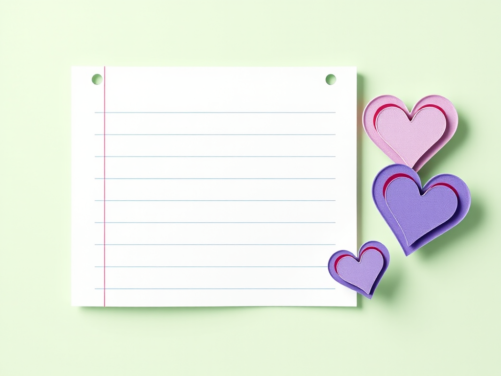 Create a digital illustration of a blank notepad with a light green background, featuring a white rectangular area with blue lines for writing, and three layered hearts in shades of purple on the right side; use a DSLR camera with a 50mm lens, aperture set to f/2.8, shutter speed of 1/100 second, and ISO 200 for enhanced clarity and depth.