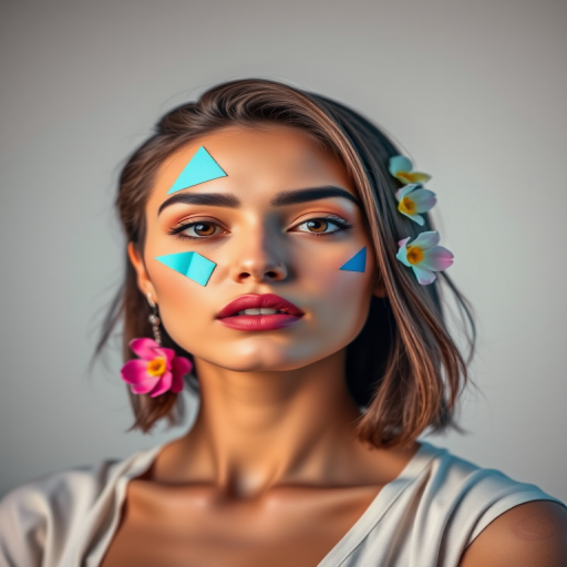 Portrait of a woman with colorful geometric elements and floral accents in a minimalist studio setup, high-resolution, soft studio lighting, f/2.8, ISO 100, 50mm lens, HDR photography, frontal view, digital art style.