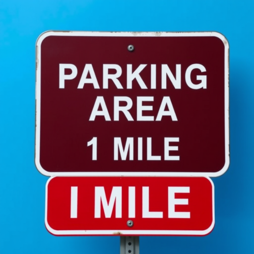 Generate a high-resolution image of a road sign that reads "PARKING AREA 1 MILE" on a blue background, shot with a DSLR camera at f/8 aperture, ISO 200, using a 50mm lens, in a landscape orientation to enhance clarity and detail.