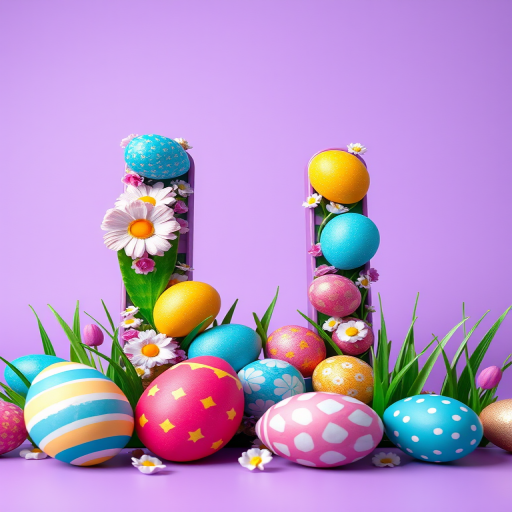 Create a colorful and vibrant 3D letter "L" design with a purple background adorned with various Easter eggs of different colors and patterns, use a Canon EOS R5, 50mm lens, f/1.8 aperture, ISO 100, 1/200 shutter speed, softbox lighting to enhance the vividness and clarity of the image.