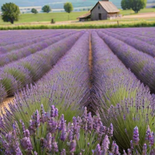 Soft-focus image of a sprawling lavender field in full bloom, soft purple flowers dancing in the breeze, with a rustic farmhouse softly blurred in the distance.