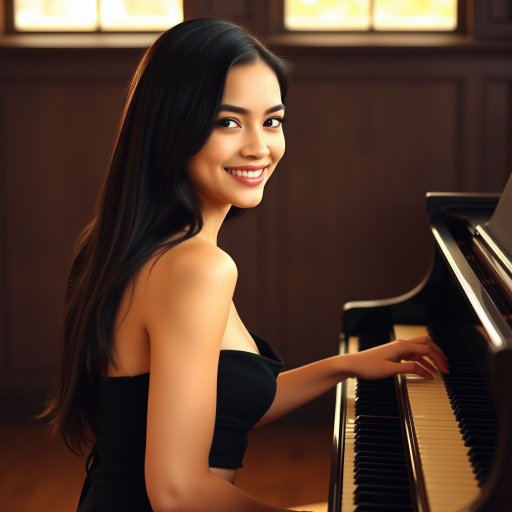 A young woman with long, dark hair smiles at the viewer as she sits at a grand piano, her right hand poised over the keys. The scene is lit by warm, natural light, highlighting the elegant simplicity of the woman's black dress. The perspective is from the side, emphasizing the contrast between the woman's delicate form and the grand scale of the piano. The ivory keys and dark wood of the piano create a striking visual contrast, further emphasized by the rich black of her dress.
