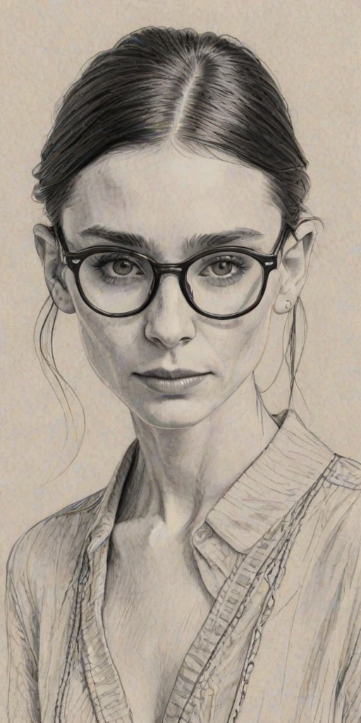 Resplendent Rooney Mara, pencil sketch, portrait of Comely woman 1929s in glasses, hair style beatnik, outline, clear lines, fine lines, 8k