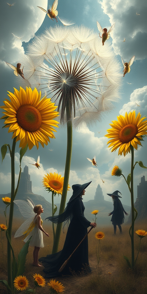 A surreal allegory featuring ethereal fairies, towering sunflowers, and an enigmatic witch, all set within a dreamlike landscape. The scene is dominated by a colossal dandelion, its delicate seeds floating through the air, reminiscent of Yves Tanguy's abstract forms. The environment is a blend of otherworldly elements and natural beauty, with twisted, elongated shapes and surreal colors that evoke a sense of mystery and enchantment.