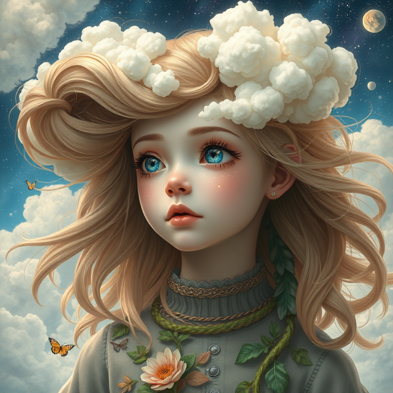 Create a series of imaginative portraits where each subject is infused with elements of fantasy and nature. The hair of the individuals should flow like clouds, varying from soft, fluffy cumulus to wispy cirrus strands, with hints of color reflecting a sunset or a clear blue sky. The eyes should be windows to entire galaxies, with stars, nebulae, and distant planets visible within them. Clothing should be adorned with nature motifs, such as floral patterns that bloom and change, vines that seem to grow and wrap around, or feathers that shimmer with iridescence. Each portrait should capture a unique personality, blending human features with the ethereal beauty of the natural and cosmic world. The backgrounds can vary, from starry night skies to enchanted forests, adding depth and context to the magical realism of the portraits