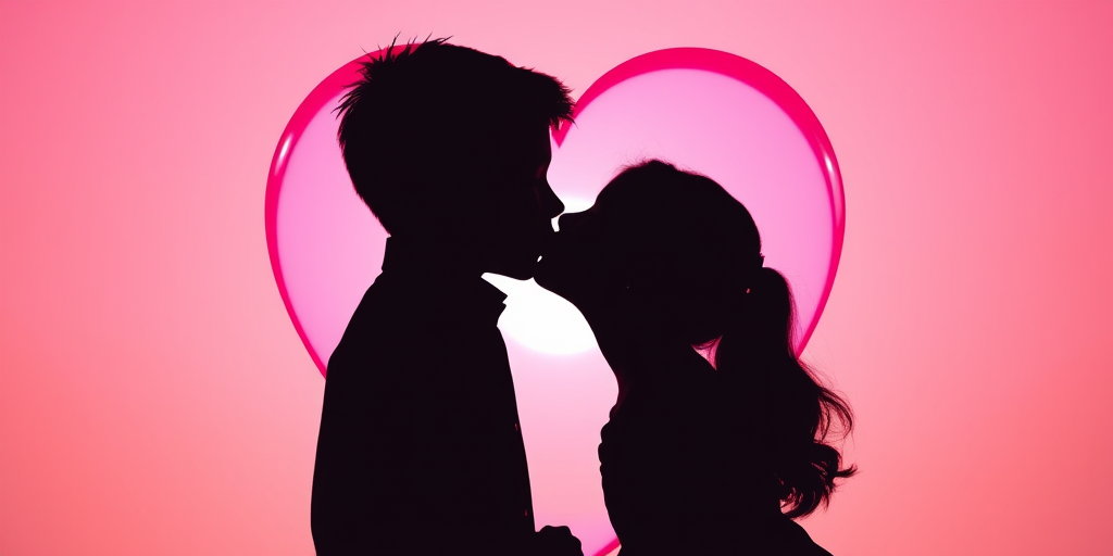 Generate a high-resolution silhouette image of a boy and girl kissing inside a heart, with vibrant pink color, captured with a DSLR camera at f/2.8 aperture, ISO 100, 50mm focal length, and soft natural lighting to enhance the romantic atmosphere.