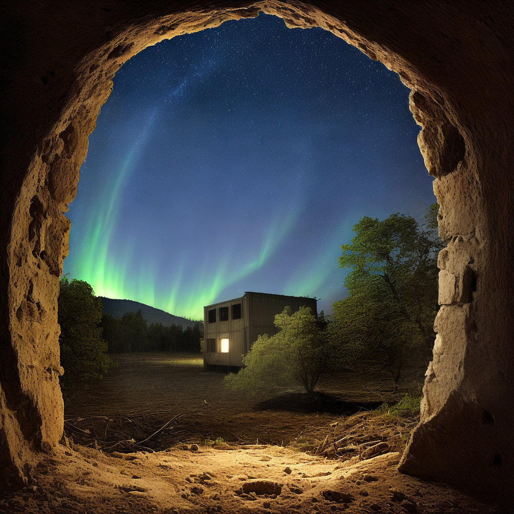 night wiew from inside of observation post at old, destroyed scientific ...
