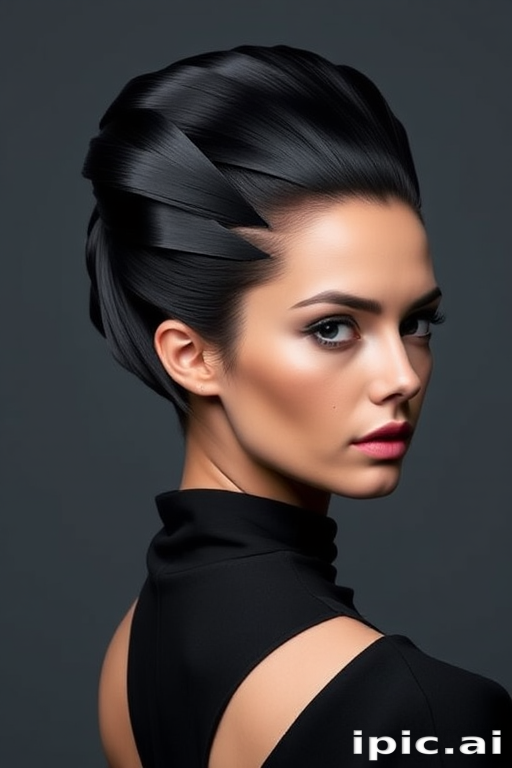 Sleek jet-black hair styled in a sculptural geometric updo, showcasing precise angles and smooth surfaces that reflect light in the avant-garde "Obsidian Origami" creation