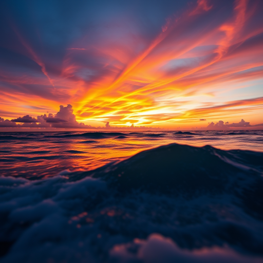 Capture a high-resolution image of a vibrant sunset over the ocean, with vivid colors in the sky and gentle waves in the foreground, using a DSLR camera with a 50mm lens, aperture set to f/1.8, ISO 100, shutter speed 1/200s, shot from a low angle at golden hour to enhance detail and warmth.