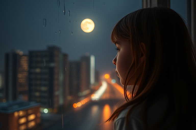 A young girl with long brown hair gazing out a window at a rainy night cityscape with a full moon, soft focus, 50mm lens, f/1.8 aperture, ISO 200, long exposure for gentle light, cinematic style, DSLR camera.