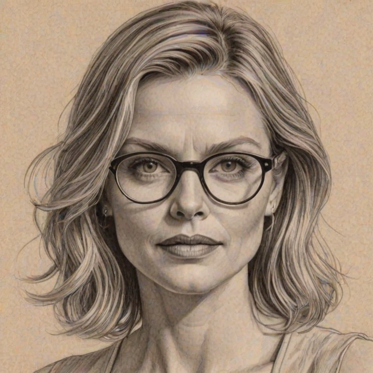 Resplendent Michelle Pfeiffer, pencil sketch, portrait of Wonderful woman 1932s in glasses, hair style beatnik, outline, clear lines, fine lines, 8k
