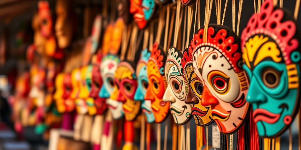 colorful handcrafted masks lined up at a market during golden hour with soft natural lighting, shooting with a Canon EOS R5 at f/8, ISO 200, 24mm focal length, using a wide-angle lens for depth and detail.