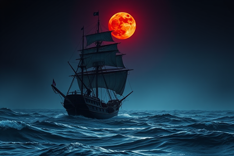 Create an image of a pirate ship sailing through dark waters under a blood-red moon, with dramatic shadows and highlights, using a DSLR camera, 50mm lens, f/1.8 aperture, ISO 200, and a long exposure to capture motion in the waves.