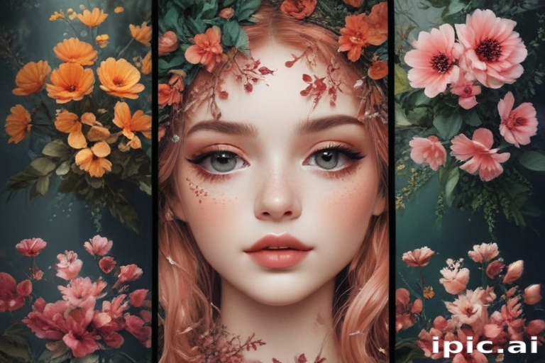 Enchanting Portrait of a Young Woman Surrounded by Vibrant Floral Artwork