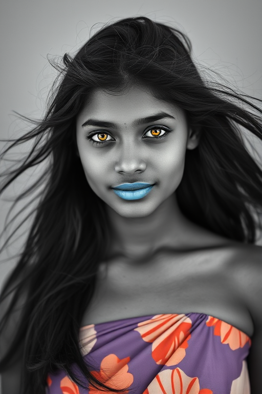 Photographic image of a beautiful young Sri Lankan woman, Yellow eyes, lips with cyan lipstick, long hair fluttering in the wind and wearing a silk strapless dress with a soft purple and orange print. monochrome image with only color highlights in the iris of the eyes, lipstick and dress. Gray background.