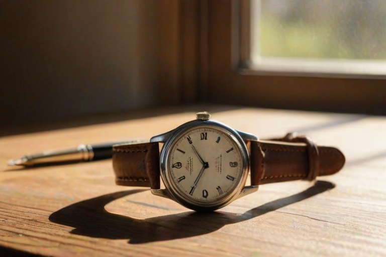 Close-up of a vintage wristwatch lying on a wooden table, soft natural light from a nearby window casting delicate shadows on the surface, with an open journal and pen beside it.