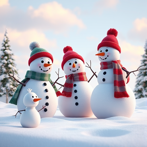 create a 3D animated scene of snowmen in a winter landscape with three larger snowmen in a playful pose wearing hats and scarves, one smaller snowman nearby, surrounded by pine trees and gentle clouds, utilize a high-resolution rendering style, set camera to a 35mm lens, aperture f/8, focus on the snowmen with a medium depth of field, and ensure vibrant colors with soft lighting for a cheerful atmosphere