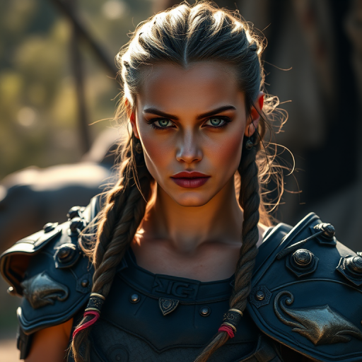 Generate a high-definition portrait of a female warrior with braided hair and ornate armor, illuminated by natural sunlight in a dramatic outdoor setting, with a shallow depth of field, taken with a full-frame DSLR camera at f/2.8, ISO 100, and a 50mm lens.