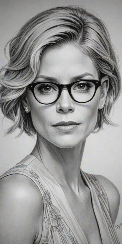 Captivating Julie Bowen, pencil sketch, portrait of Stunning woman 1920s in glasses, hair style beatnik, outline, clear lines, fine lines, 8k