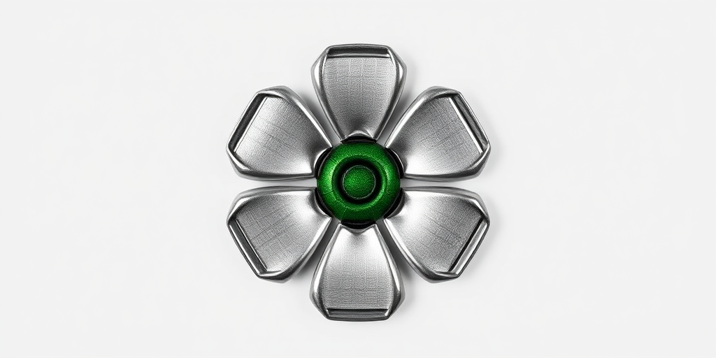 Create a high-resolution image of a metallic hexagonal flower shape with a green center against a white background, shot with a Canon EOS R5, 50mm lens, aperture f/1.8, ISO 100, and soft diffused lighting for enhanced clarity and depth.
