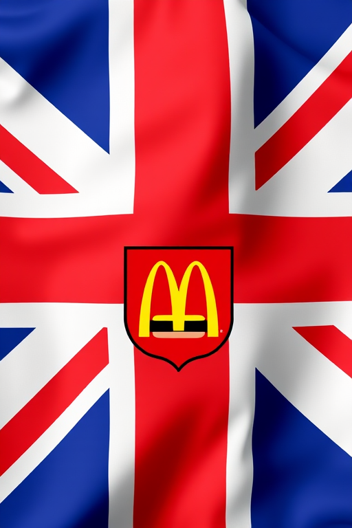 Create an image of a stylized national flag featuring the Union Jack in the background and a crest that combines the McDonald's logo with a hamburger and fries, using a DSLR camera with a 50mm lens, f/1.8 aperture, ISO 100, portrait view, and vibrant color settings for enhanced clarity and detail.