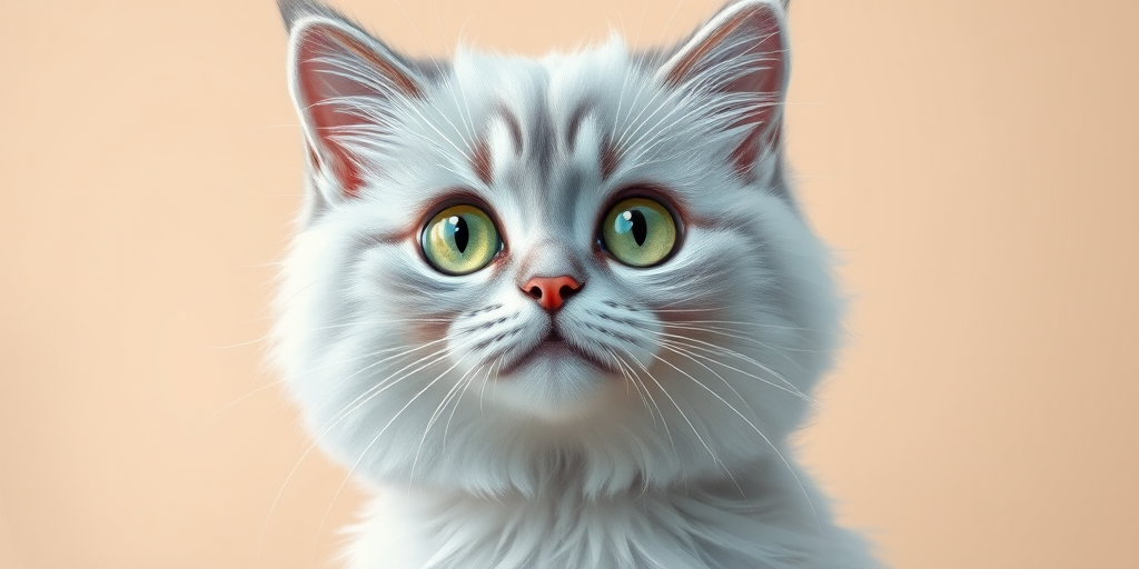 Create a detailed illustration of a fluffy light blue cat with big green eyes, set against a soft beige background, use a Canon EOS R5 camera with a 50mm f/1.8 lens, shoot in portrait view, and apply digital painting techniques for a soft, textured look.
