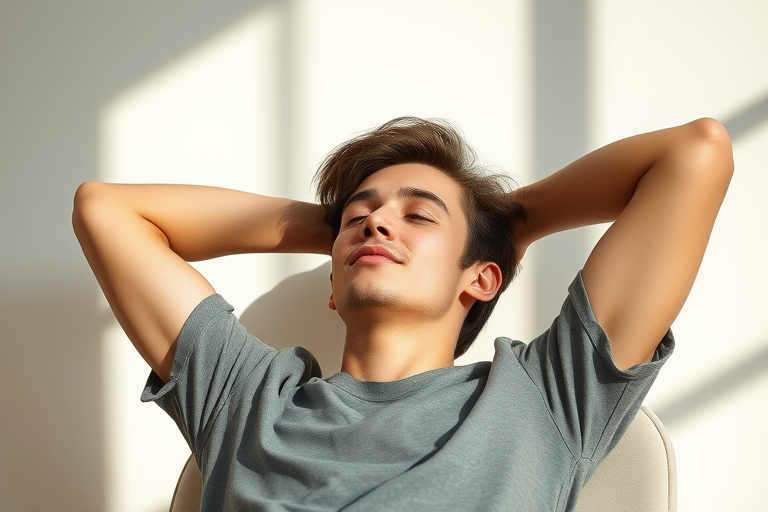 portrait of a young man relaxing with hands behind his head in a minimalist setting, soft natural light, f/1.8 aperture, 50mm lens, ISO 100, shallow depth of field, full body shot, DSLR camera