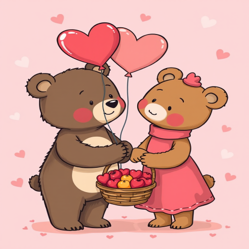Create a whimsical illustration of two cartoon bears in love, the male bear surprising the female bear with a heart-shaped balloon and a basket of fruits, set against a soft pink background with hearts, using a digital art style, shot with a 50mm lens at f/2.8, ISO 100 to enhance detail and vibrancy.
