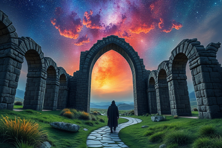 Create a high-resolution fantasy landscape featuring ancient stone arches under a cosmic sky with vibrant colors, dramatic lighting, and a lone figure in a cloak standing on a winding path, captured with a Canon EOS 5D Mark IV, 24mm lens, f/11 aperture, 1/125 sec shutter speed, ISO 100, HDR style.