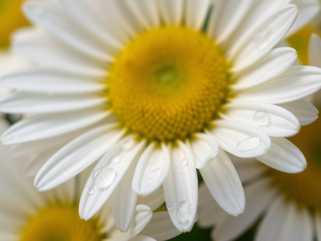close-up of white daisies with yellow centers, water droplets on petals, soft-focus background, aperture f/2.8, shutter speed 1/200s, ISO 100, macro lens, natural light, DSLR camera
