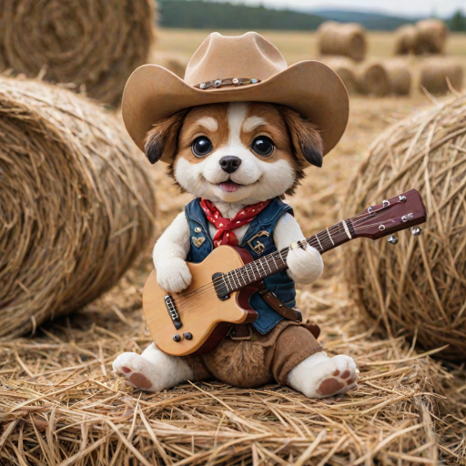 A chibi dog, dressed as a cowboy, playing guitar, sitting on a hay bale