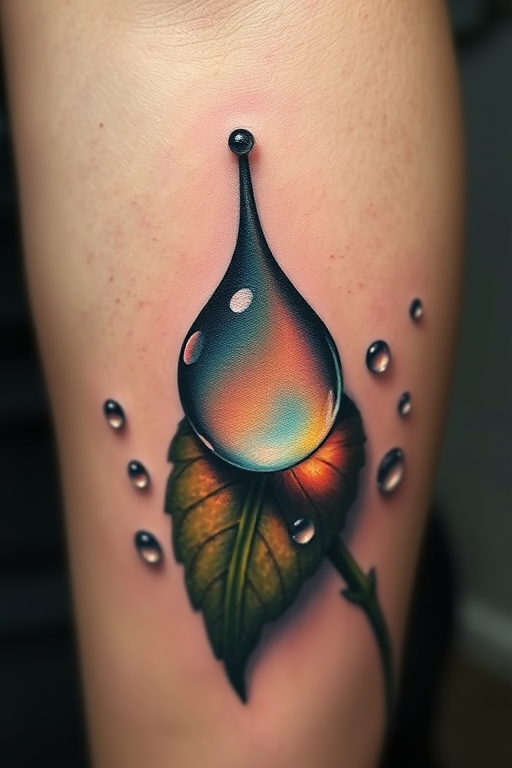 Hyperrealistic tattoo named "Liquid Illusion" depicting a water droplet on a leaf with incredible detail, including light refraction and surrounding dewdrops, creating a trompe l'oeil effect on the skin