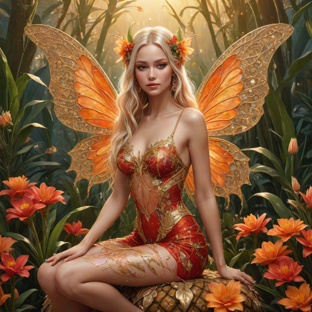 A digital artwork features a winged fairy with delicate Tan butterfly wings, adorned with intricate Tangerine andAsparagus patterns. She is seated on a vibrant Pineapple flower, wearing a revealing red two-piece outfit with sparkling beadwork. Her fair skin, long blonde hair, and gold jewelry add to her ethereal appearance. The background is a warm, golden gradient, creating a magical atmosphere. Small glowing orbs and sparkles surround the flower, enhancing the enchanting, highly detailed, and realistic scene.