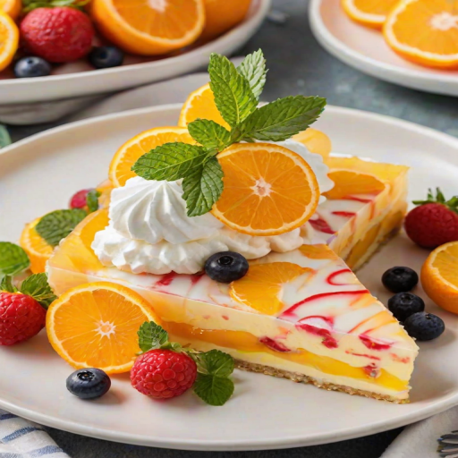 Generate an image of a colorful dessert slice with layers of orange and yellow swirled gelatin topped with whipped cream and fresh fruits like pineapple, mandarin orange segments, and berries. The dessert is served on a plate with a mint leaf garnish, and there are halved oranges in the background.