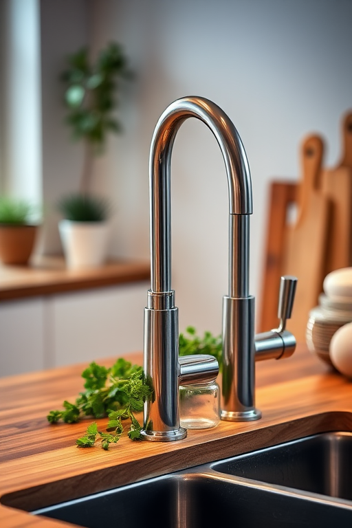 A modern kitchen faucet on a wooden countertop with fresh herbs and a glass jar beside it, soft lighting, slight depth of field, captured with a DSLR camera at f/2.8, ISO 200, 50mm lens, with a vibrant color palette to enhance image quality.