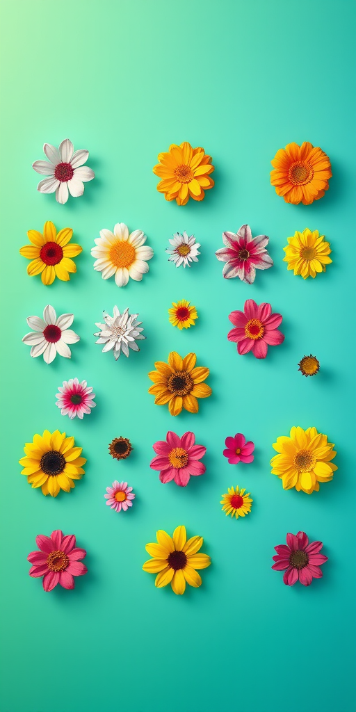 Create a vibrant digital illustration of various flower designs arranged in a 3x3 grid, use a Canon EOS R5 with a 50mm lens at f/2.8, ISO 100, focus on sharpness and color contrast, employ a flat lay view with a gradient green to blue background, enhance the clarity and saturation for a contemporary look.