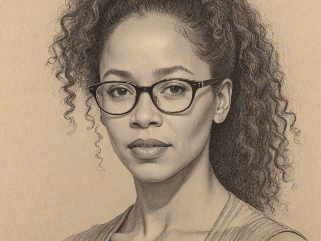Exquisite Rae Dawn Chong, pencil sketch, portrait of Exquisite woman 1936s in glasses, hair style beatnik, outline, clear lines, fine lines, 8k