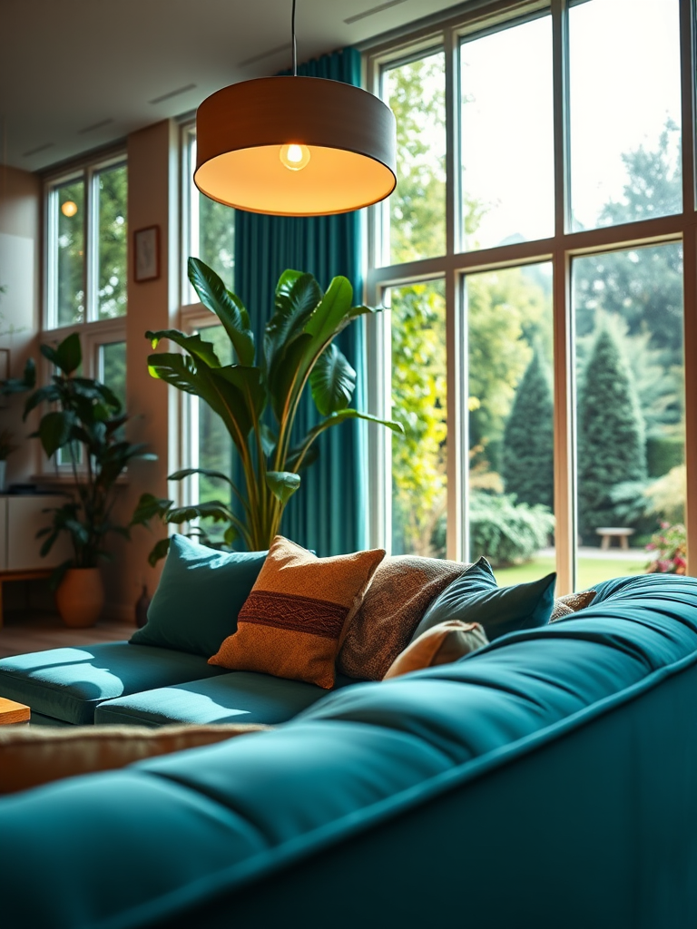 Regenerate a warm, inviting living room interior with a plush teal velvet sofa, softly lit by a modern pendant light, surrounded by large windows showing a lush garden outside; camera settings: f/2.8, ISO 200, 1/60 sec; camera view: low angle, capturing depth; camera style: cinematic; camera type: DSLR.
