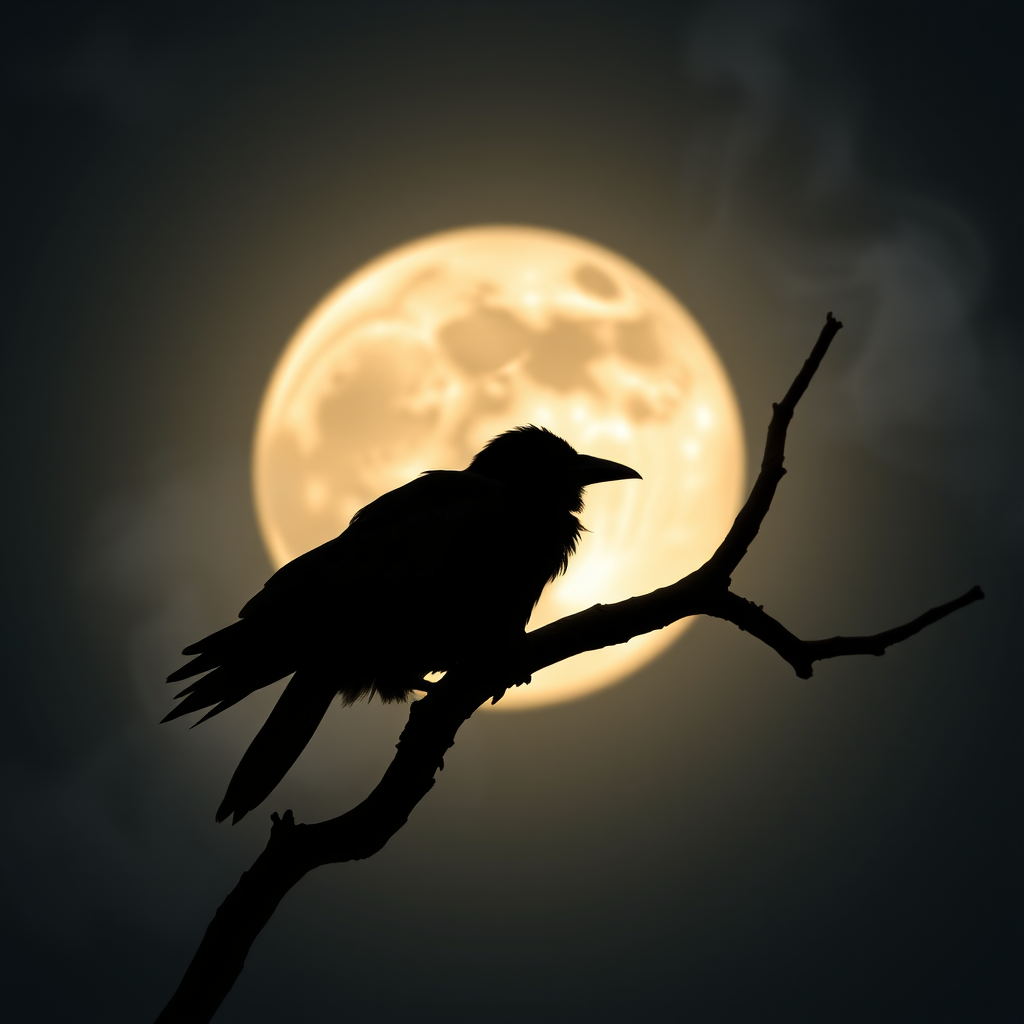 Capture a silhouette of a crow perched on a twisted branch against a large, glowing full moon with swirling smoke effects, using a Canon EOS 5D Mark IV, 50mm lens, aperture f/1.8, ISO 100, and a low angle view for dramatic effect.