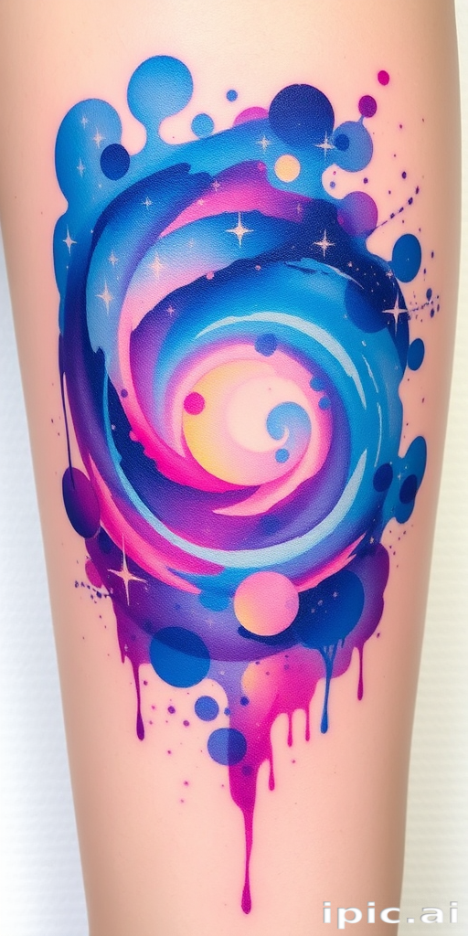 Vibrant watercolor splash tattoo named "Celestial Spectrum" featuring a swirling galaxy of blues, purples, and pinks blending seamlessly into an ethereal nebula, with delicate white stars scattered throughout the design creating a sense of depth and wonder, incorporating subtle touches of gold leaf for added luminosity and sparkle, perfect for those seeking a dreamy and cosmic body art piece that captures the beauty of the universe in a fluid and artistic style